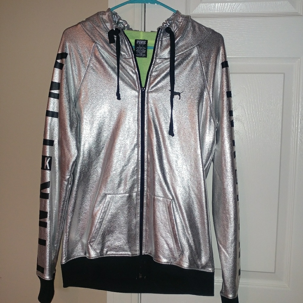 Metallic Silver Zip Up Hoodie - Size XS